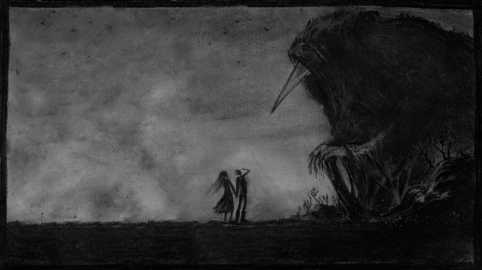 Giant creature looms over couple in charcoal drawing
