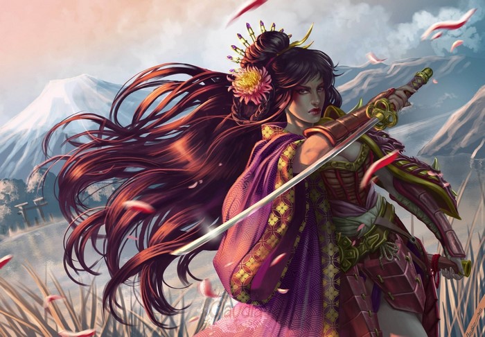 Woman warrior with sword and armor, anime illustration