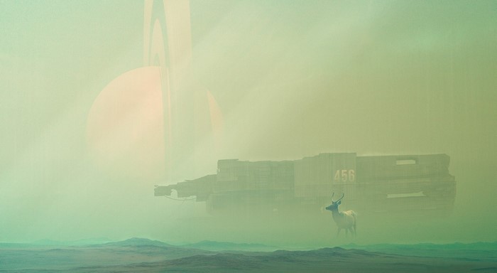 Sci-fi landscape with planet and spacecraft