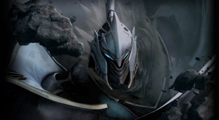 Fantasy warrior with glowing blue eyes and armor