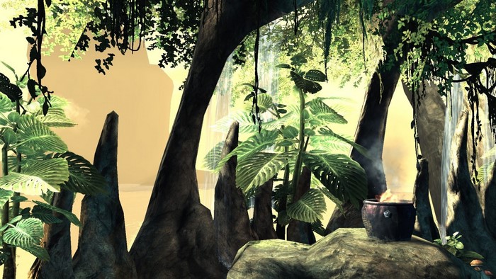 A mystical jungle scene with a pot of fire