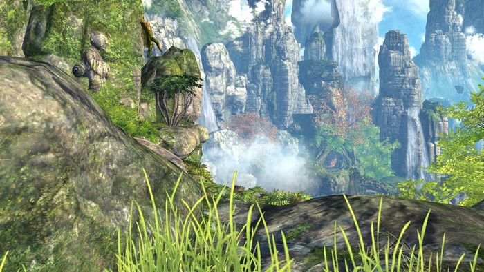 Fantasy landscape with waterfalls and ancient statue