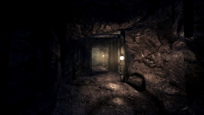 Screenshot from Fallout 3 showing a dark cave tunnel