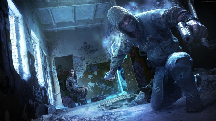 Man with gun in ruined building, woman in chair