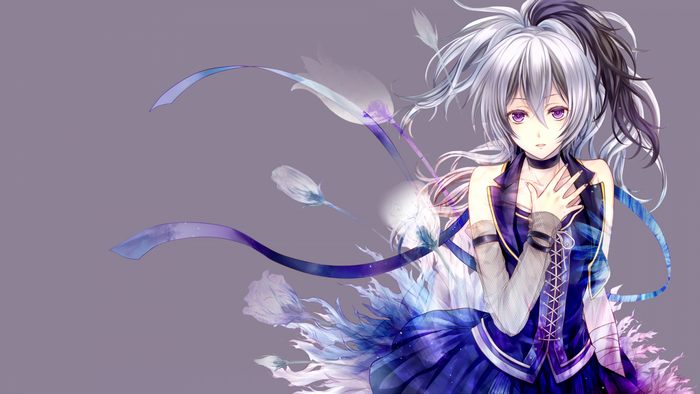 Anime girl with white and black hair and purple eyes