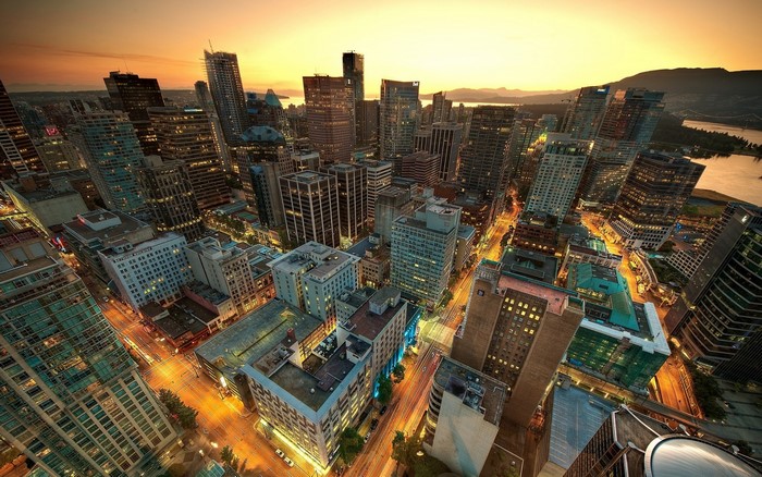 Aerial view of Vancouver cityscape at sunset