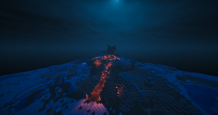 Minecraft volcano at night with lava flow