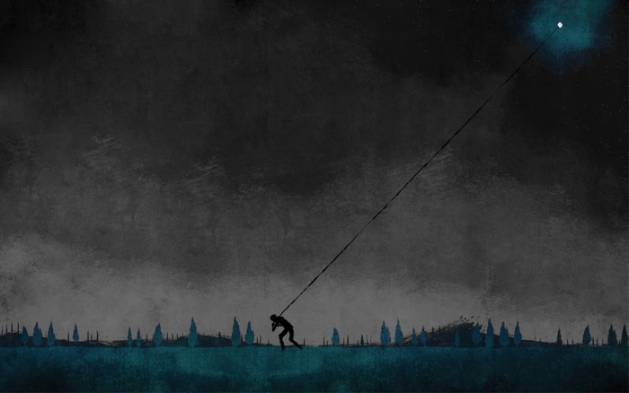 Silhouette of a person pulling a rope towards the moon
