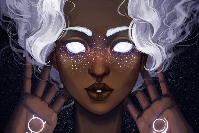 Fantasy art of a woman with glowing eyes and white hair