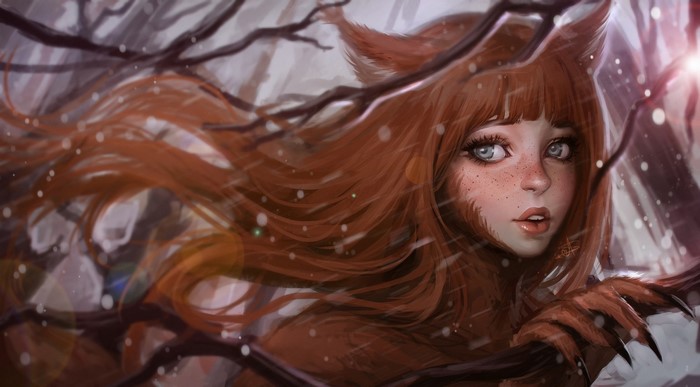 Fantasy fox girl with red hair in snowy forest