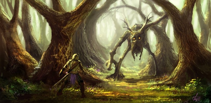 Warrior confronts a tree creature in a sunlit forest