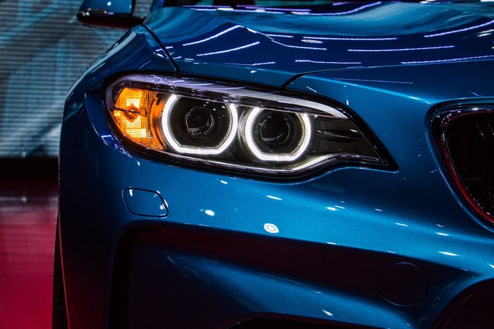 Blue BMW M2 sports car headlights