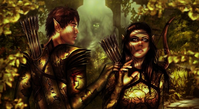 Elven archers in a mystical forest with a creature in the background