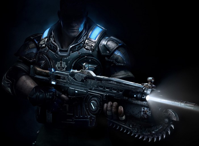 Marcus Fenix from Gears of War holding a Lancer rifle
