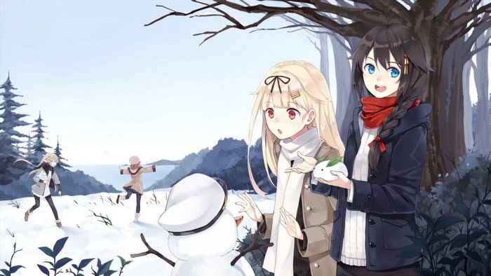 Anime girls building a snowman in winter