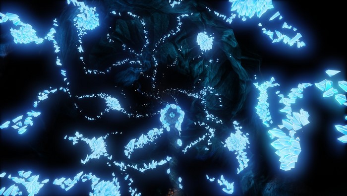 Glowing blue crystals in a dark cave from A Story About My Uncle