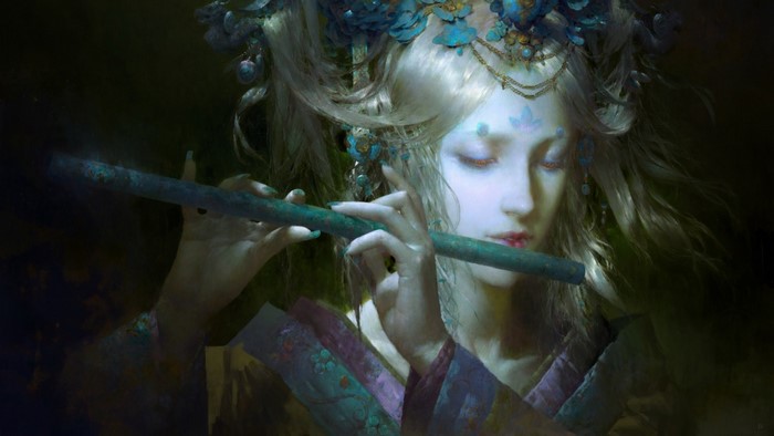Fantasy art of a woman playing a flute