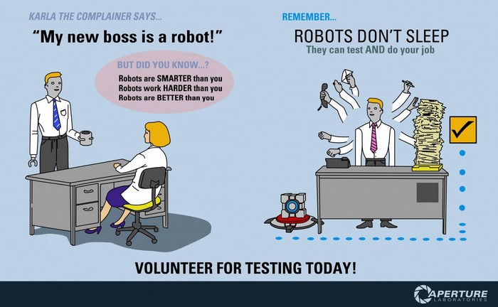 Karla the Complainer and Robot Boss at Aperture Laboratories