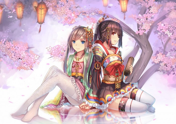 Two anime girls in traditional Japanese clothes under cherry blossoms