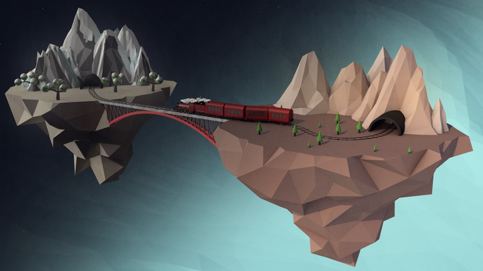 Low poly train crossing a bridge between floating islands