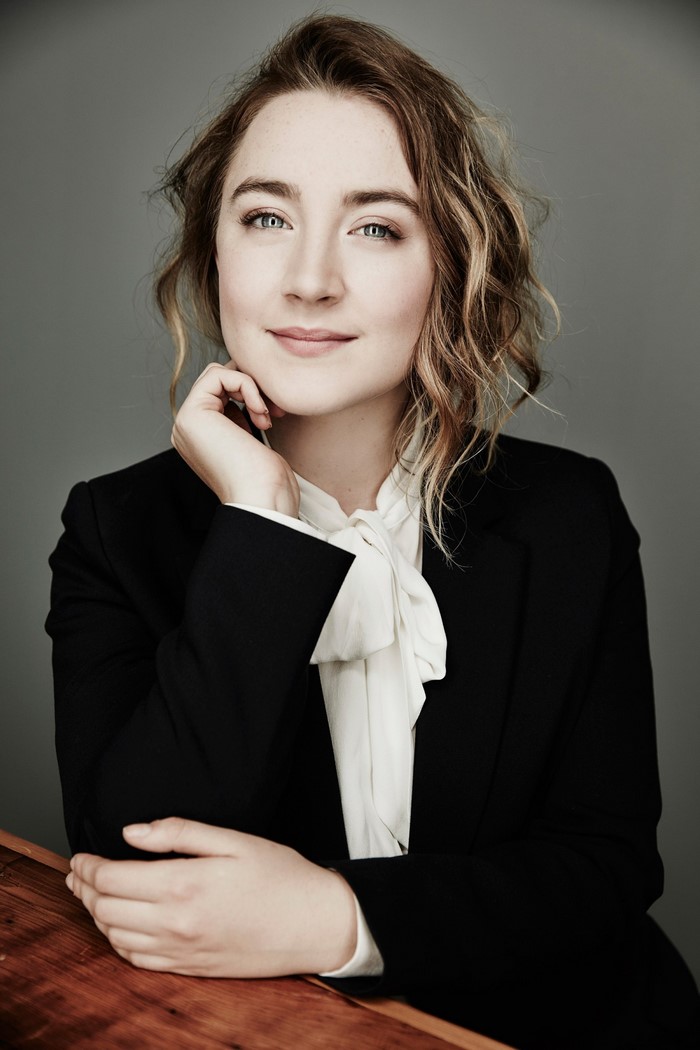 Saoirse Ronan in a black blazer and white blouse