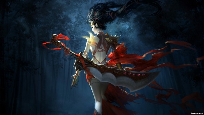 Fantasy warrior woman with sword in dark forest