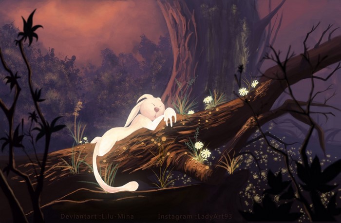 Ori from Ori and the Blind Forest sleeping on a log