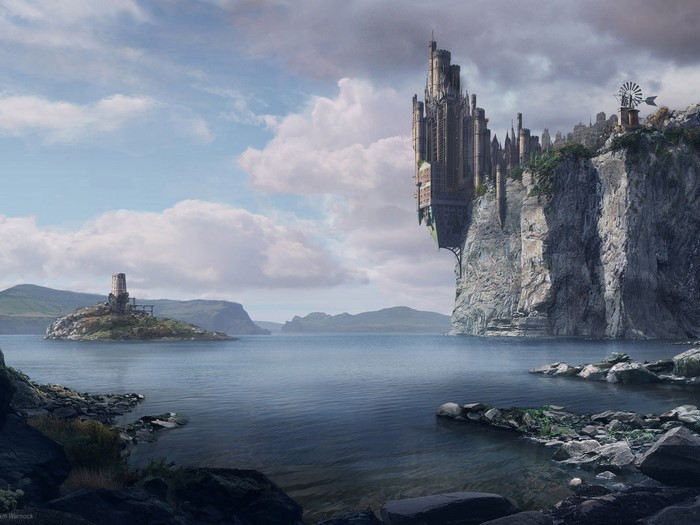 Fantasy castle on a cliff overlooking the sea