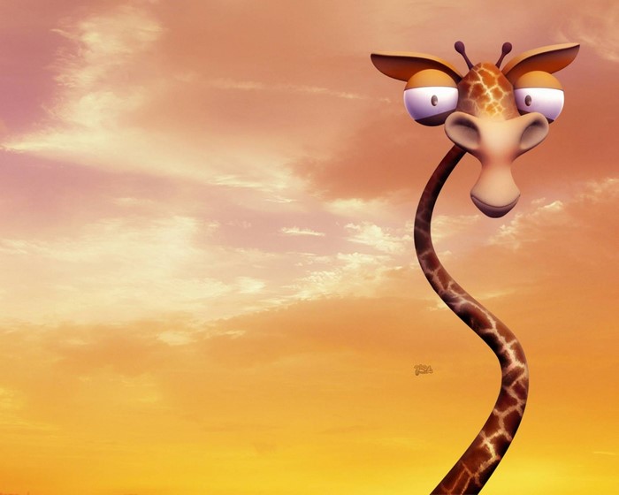 Cartoon giraffe with big eyes against a sunset sky