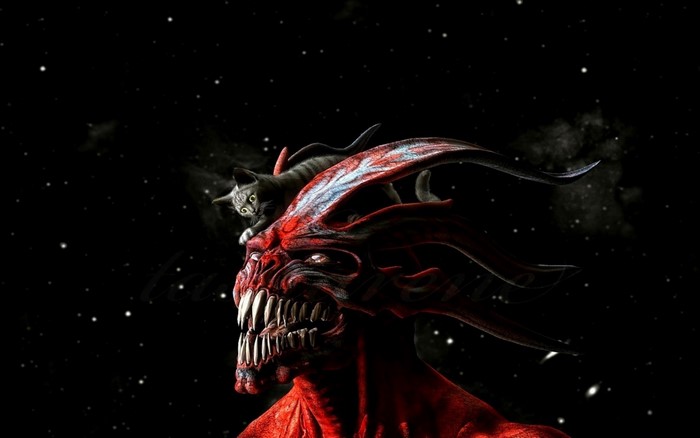 Cat on the head of a red demon in space