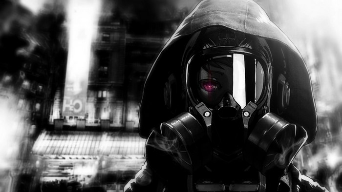 Anime character with gas mask and purple eyes