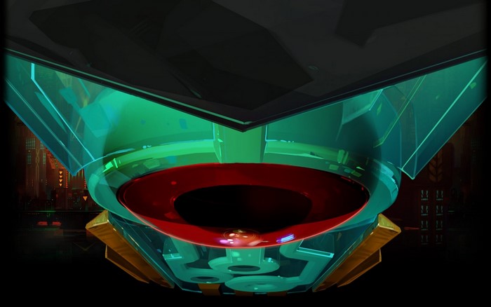Artwork of a red and green transistor with city background