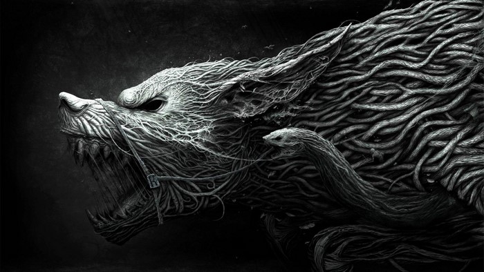 Monochrome drawing of a wolf made of roots