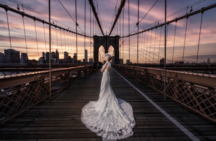 Bride on Brooklyn Bridge at Sunset