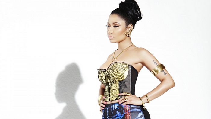 Nicki Minaj in a patterned corset and skirt