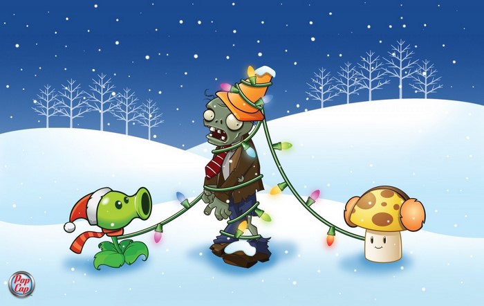 Plants vs. Zombies characters in a snowy scene with Christmas lights