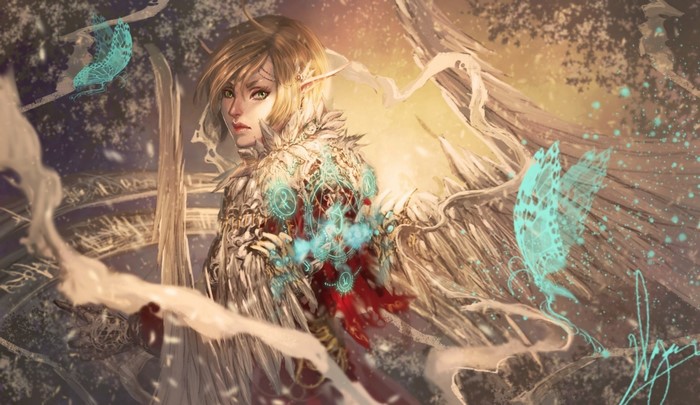 Fantasy art of an elf with wings and glowing symbols