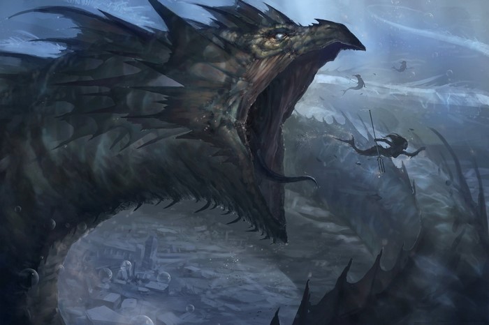 Fantasy art of a sea dragon attacking a mermaid