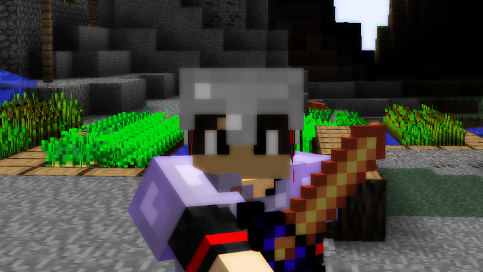 Minecraft character holding a sword in a garden