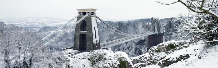 Clifton Suspension Bridge in Bristol during winter snow