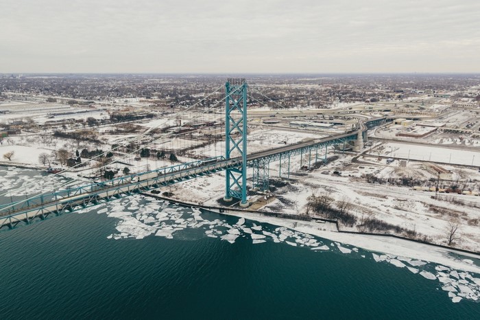 Ambassador Bridge over Detroit River in Winter