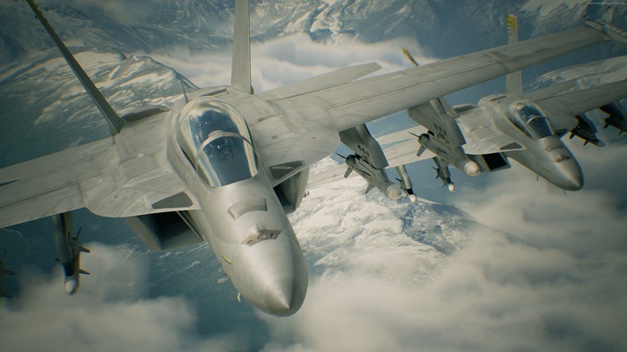 Ace Combat 7: Skies Unknown fighter jets flying over mountains