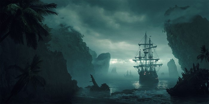 Ghost ship sailing through misty islands