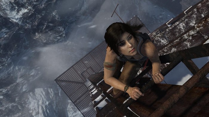 Lara Croft from Tomb Raider climbing on a structure