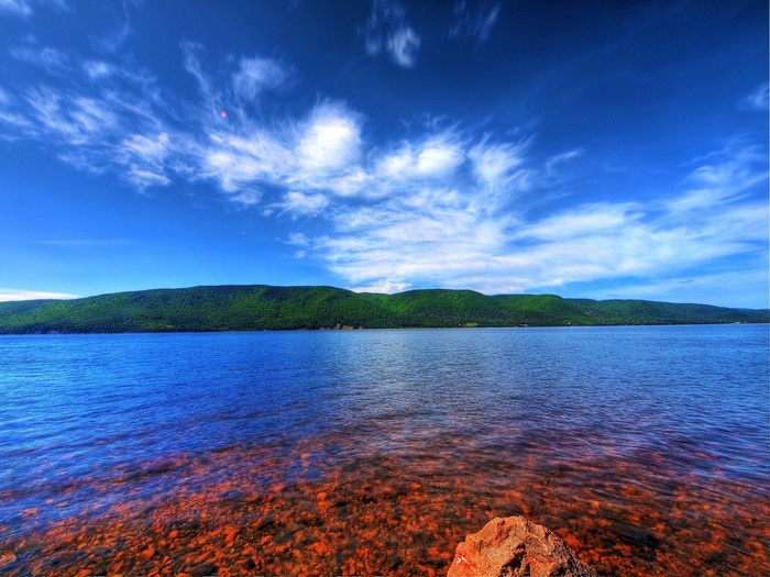 Clear blue sky over a calm lake with green hills