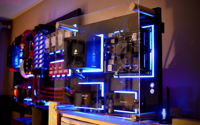 Custom PC build with blue LED lighting