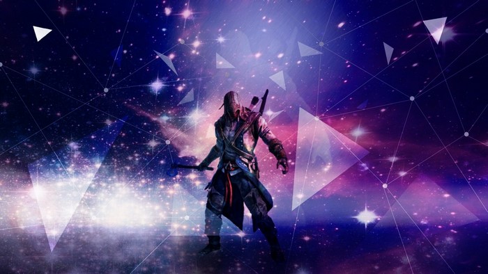 Assassin's Creed character in a cosmic background