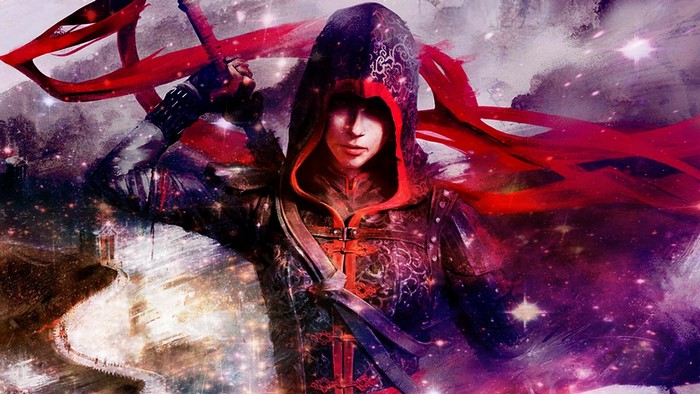 Assassin's Creed woman warrior with red scarf and sword