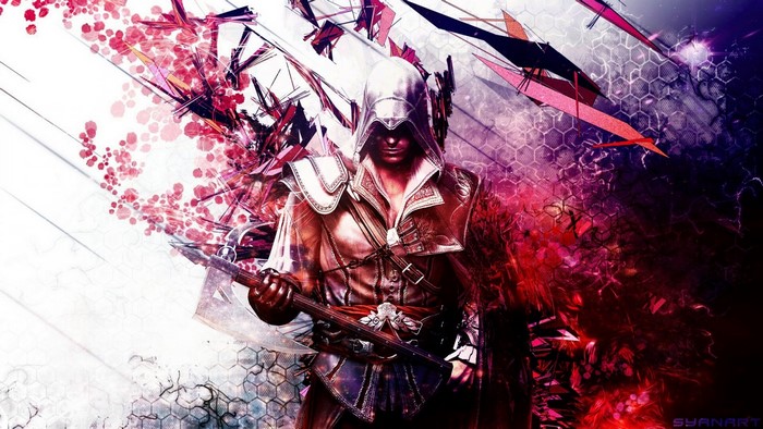 Assassin's Creed character with abstract red and purple background