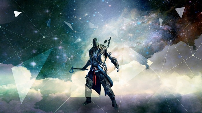 Assassin's Creed character in space with clouds and geometric overlays